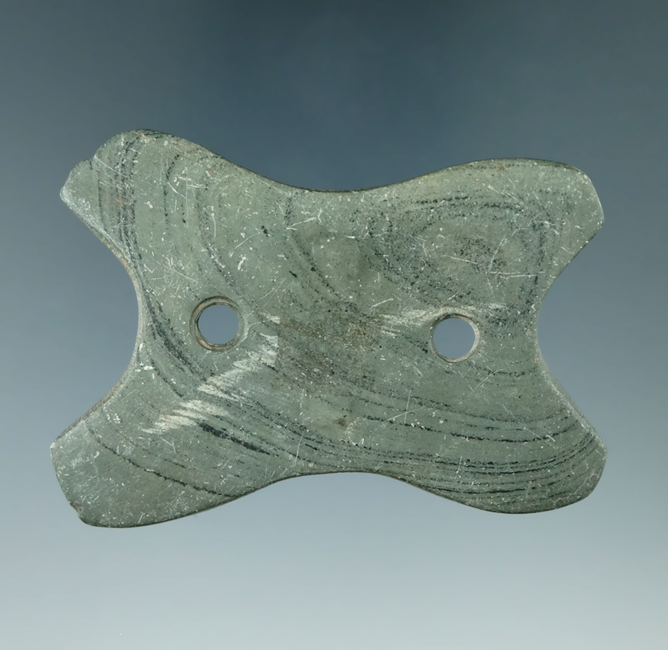 2 5/8" Hopewell Reel Gorget made from gray and black Banded Slate, found in Butler Co., Ohio. Ex. Ed