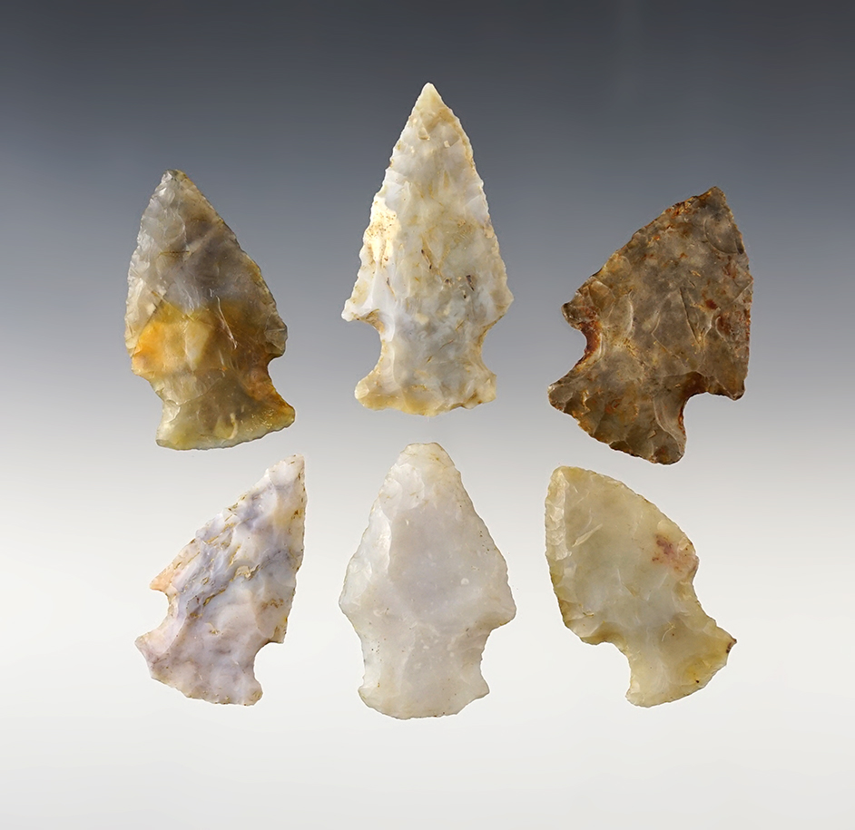 Set of 6 Flint Ridge Hopewell points found in Ohio. All are Ex. Lar Hothem collection. 