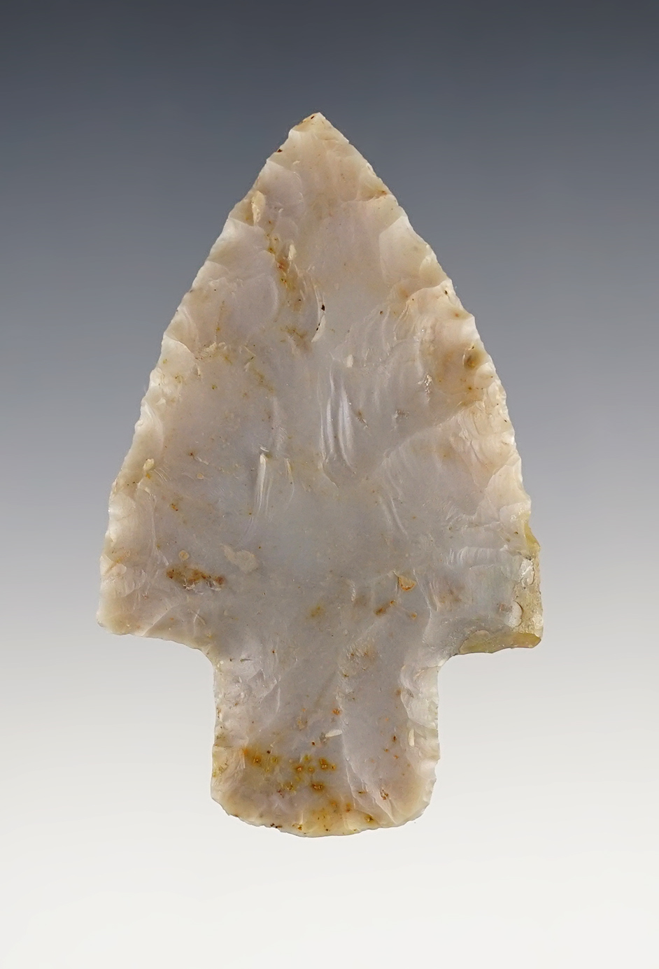 2 11/16" Flint Ridge Adena found near Sunfish Creek, Belmont Co., Ohio. Slight restoration.