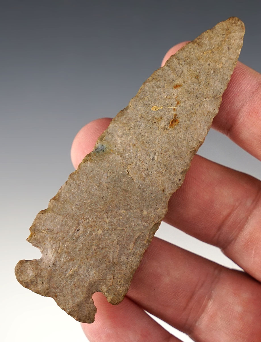 Excellent flaking and style on this 3 9/16" Archaic Cornernotch Knife found in Ohio. 
