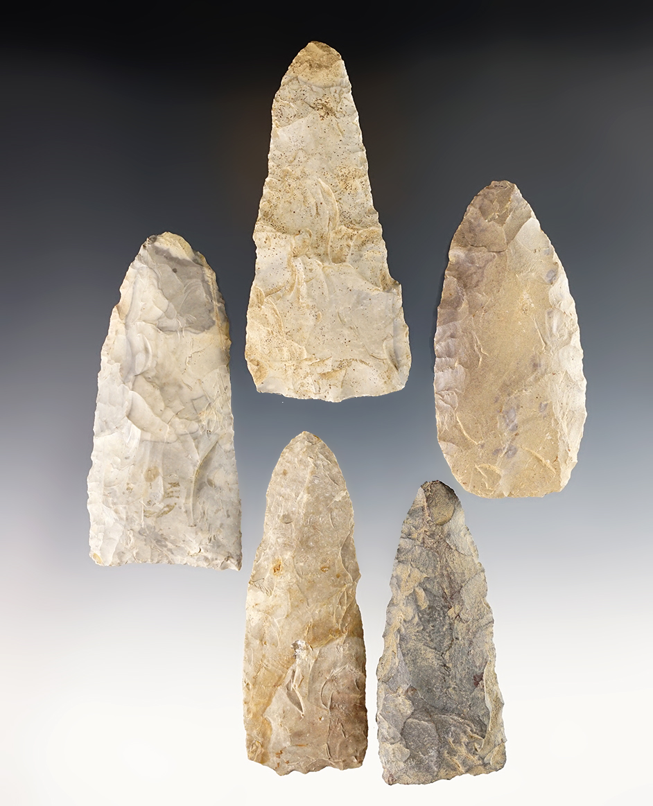 Set of five assorted Paleo knives recovered in Ohio. Largest is a 3 5/16".