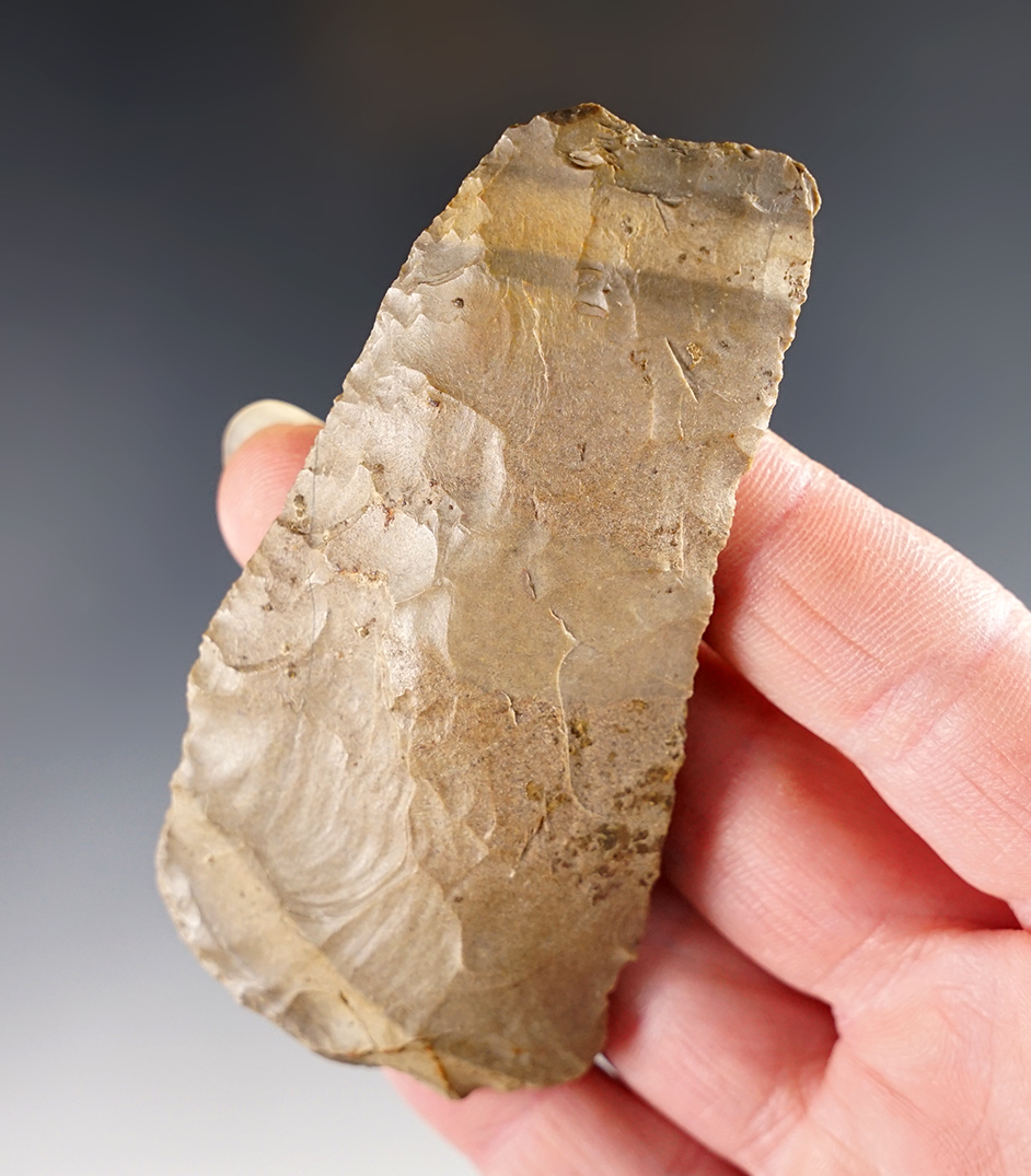 3 7/16" Paleo Square Knife made from nicely patinated flint. Found in Pickaway Co., Ohio. 