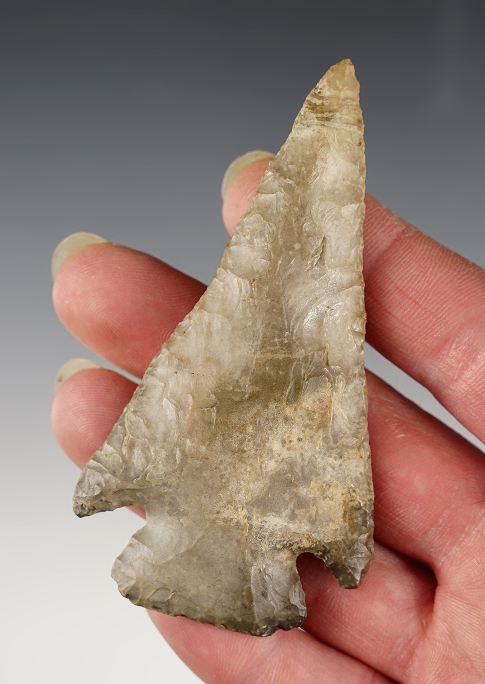 3 7/16" Kirk Corner Notch made from mottled gray flint. Found in Champaign Co., Ohio.  COA. 