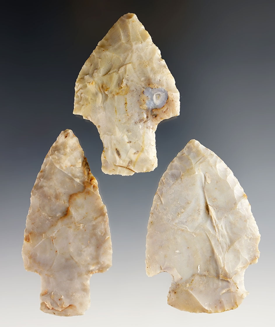 Set of 3 nice Flint Ridge Points found in Ohio. Largest is 2 11/16".