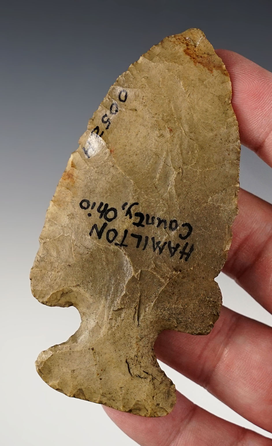 3 7/8" heavily patinated Thebes found in Hamilton Co., Ohio. Ex. Dana Landreth collection. 