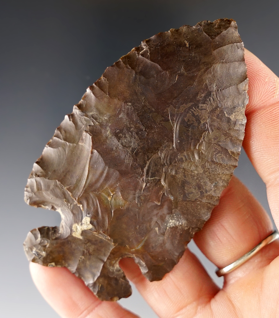 3 1/4" Beautifully flaked Archaic Thebes made from chocolate brown Coshocton Flint. Found in Ohio. 