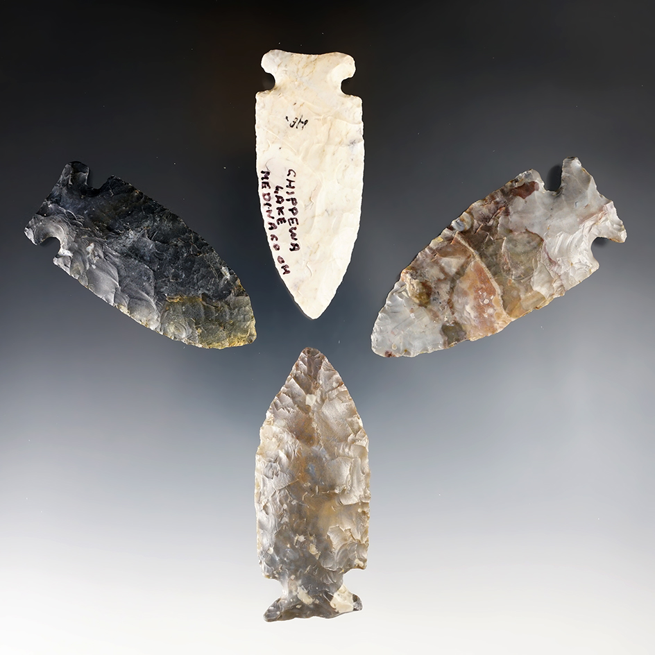 Set of 4 very nice Archaic Points found in Ohio. One is Ex. Mel Wilkins. Largest is 2 11/16". 