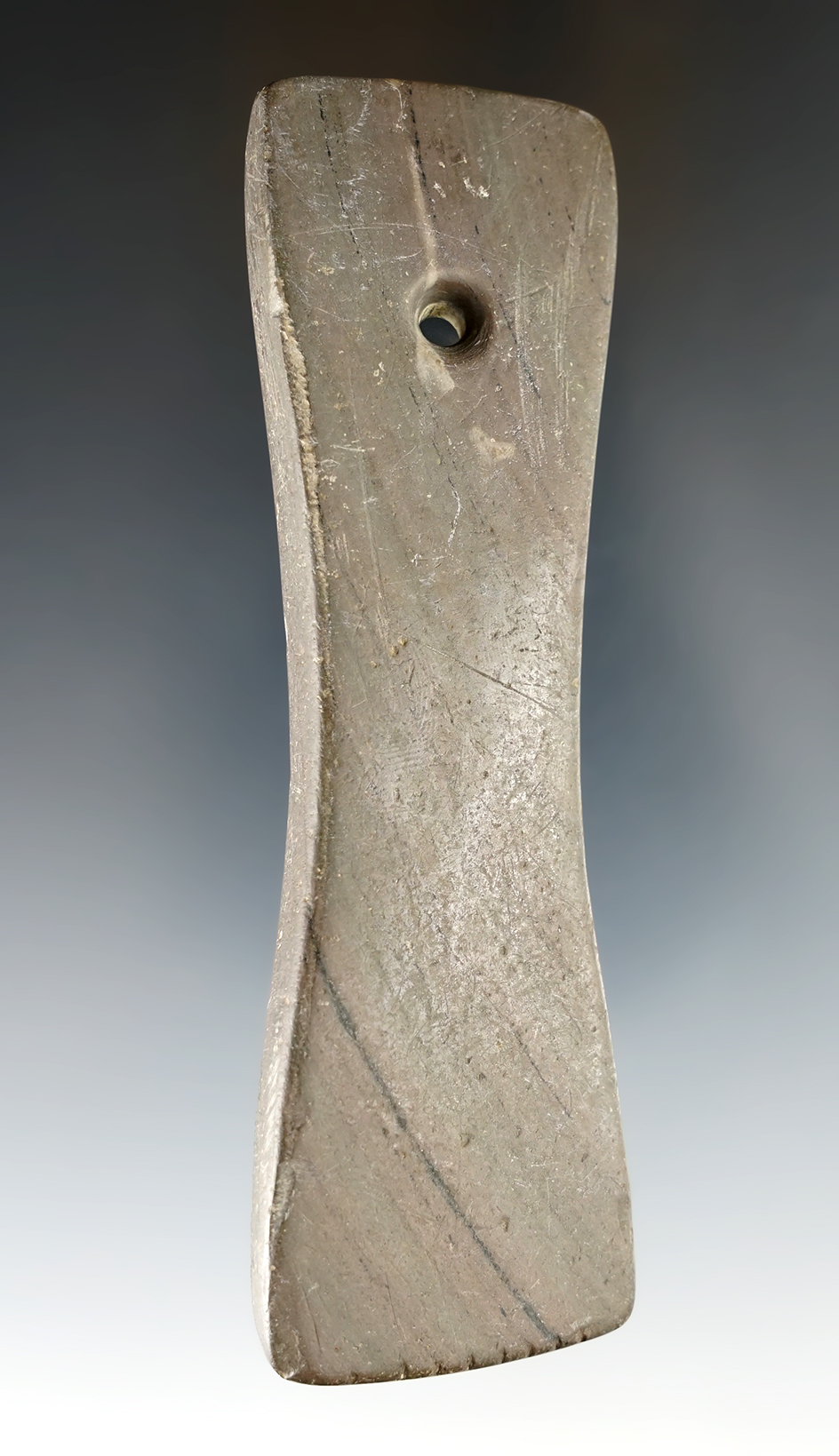 4 3/8" Bi-Concave Pendant made from Banded Slate. Found in Morrow Co., Ohio. 