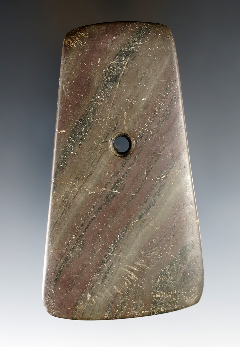 3 15/16" Adena Trapezoidal Pendant made from red and black Banded Slate. Warren Co., Ohio.