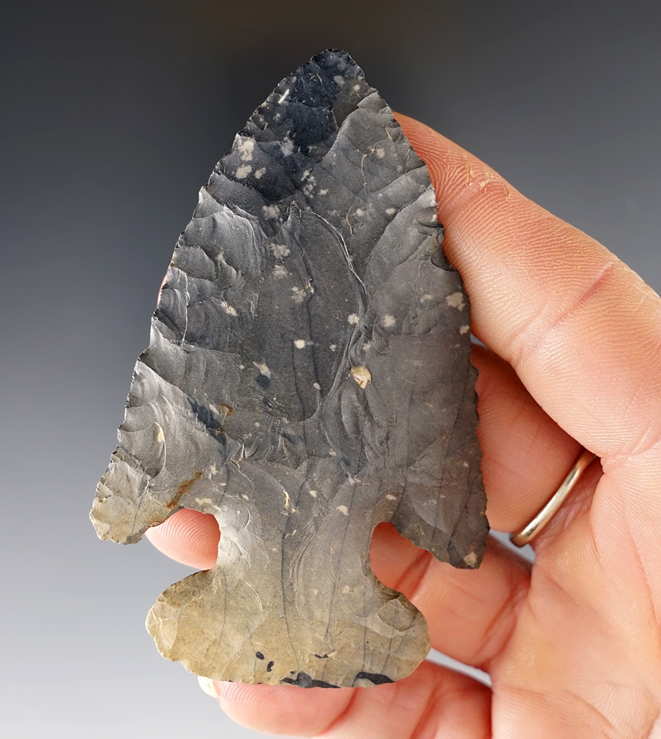 3 13/16" Archaic Bevel made from gray and tan Kanawha Flint, found in Ohio. Ex. August Wehrle