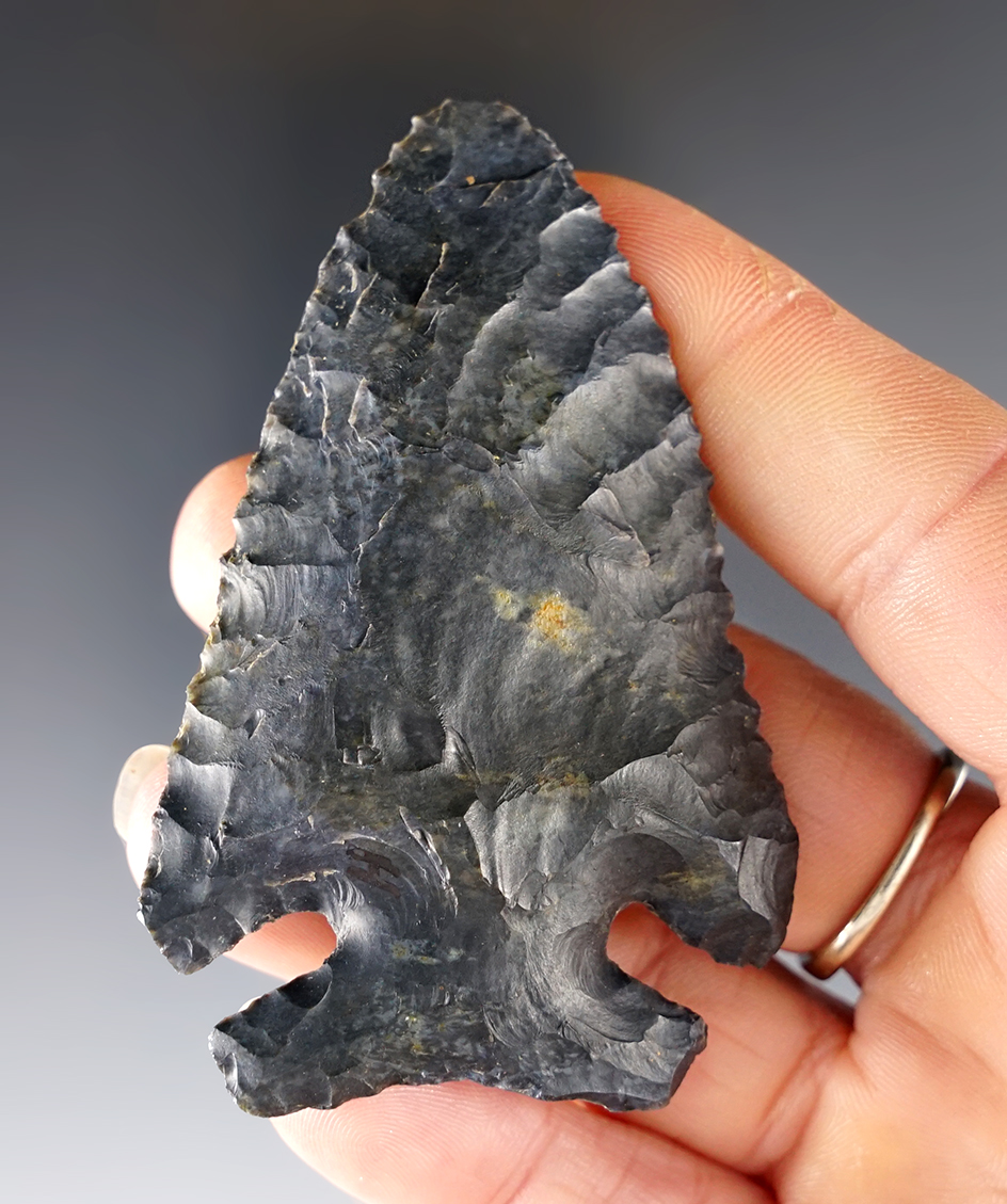 2 15/16" Archaic Thebes made from Coshocton Flint, found in Ohio. Ex. Paul Snider Collection. 