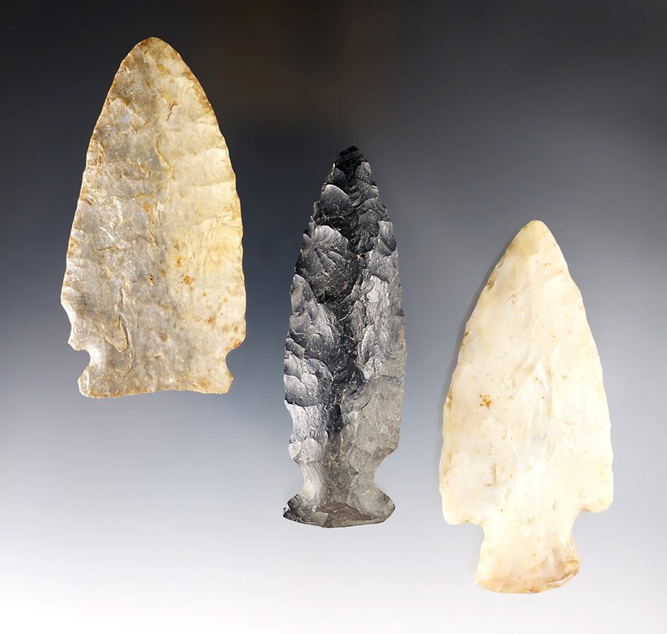 Set of 3 Ohio Knives including a 3 1/4" Flint Ridge Adena and a 3 1/4" Coshocton Flint Fishspear. 