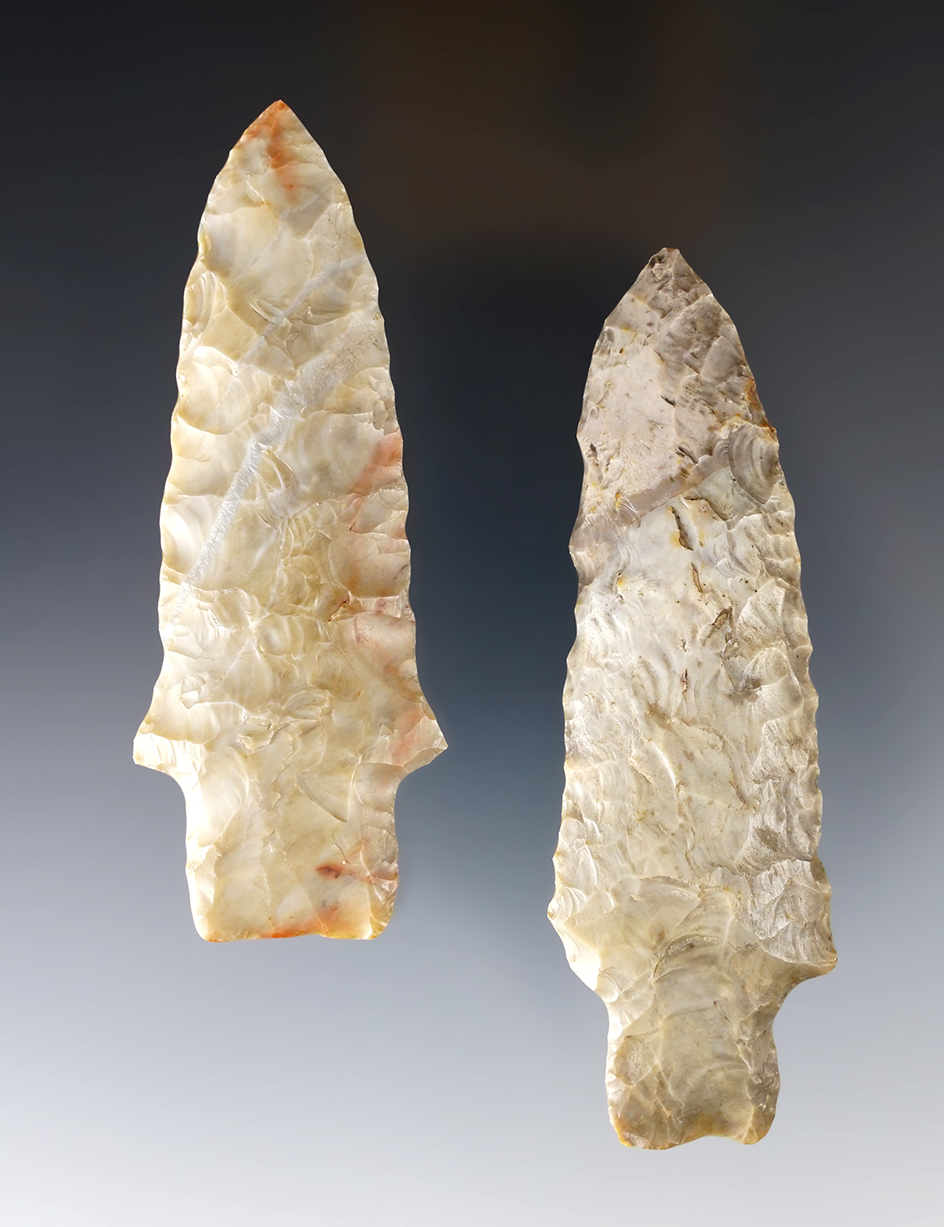 Pair of Heavy Duty Points made from Flint Ridge Flint, found in Ohio. Largest is 3 3/4".