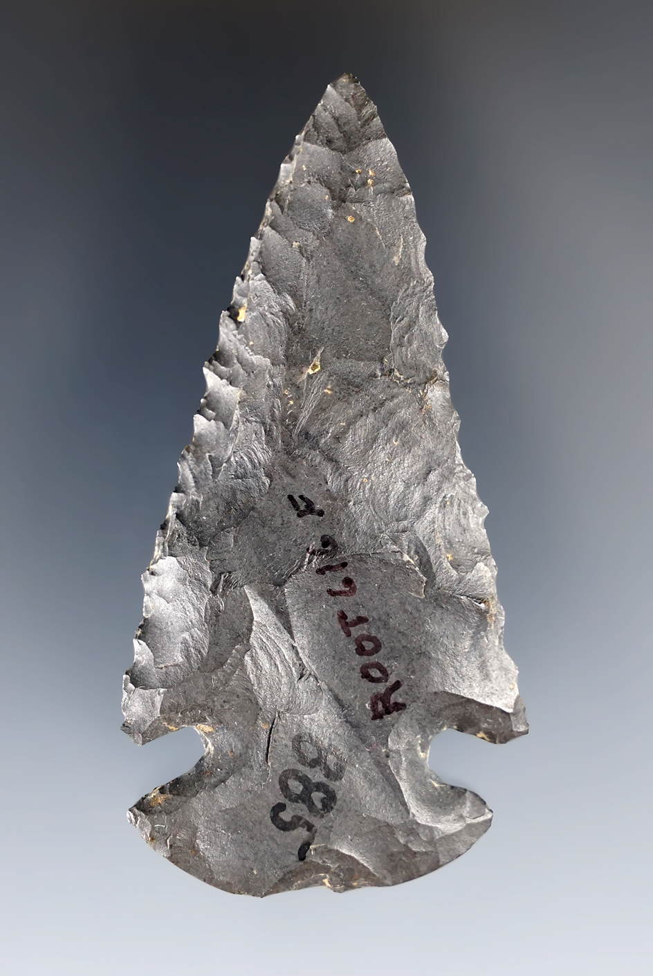 2 7/8" Archaic Notch Base Dovetail made from black Flint. Ex. John Schatz, Walter Sims Collections. 