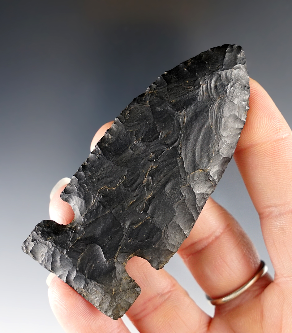 3" Archaic Sidenotch made from black Coshocton Flint. Found in Warren Co., Ohio. Ex. Tom Mallin.
