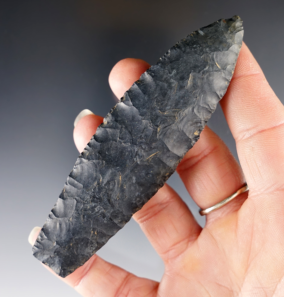 4 1/8" Paleo Lanceolate made from black Coshocton Flint. Found in Franklin Co., Ohio. Ex. Roy Shuck.
