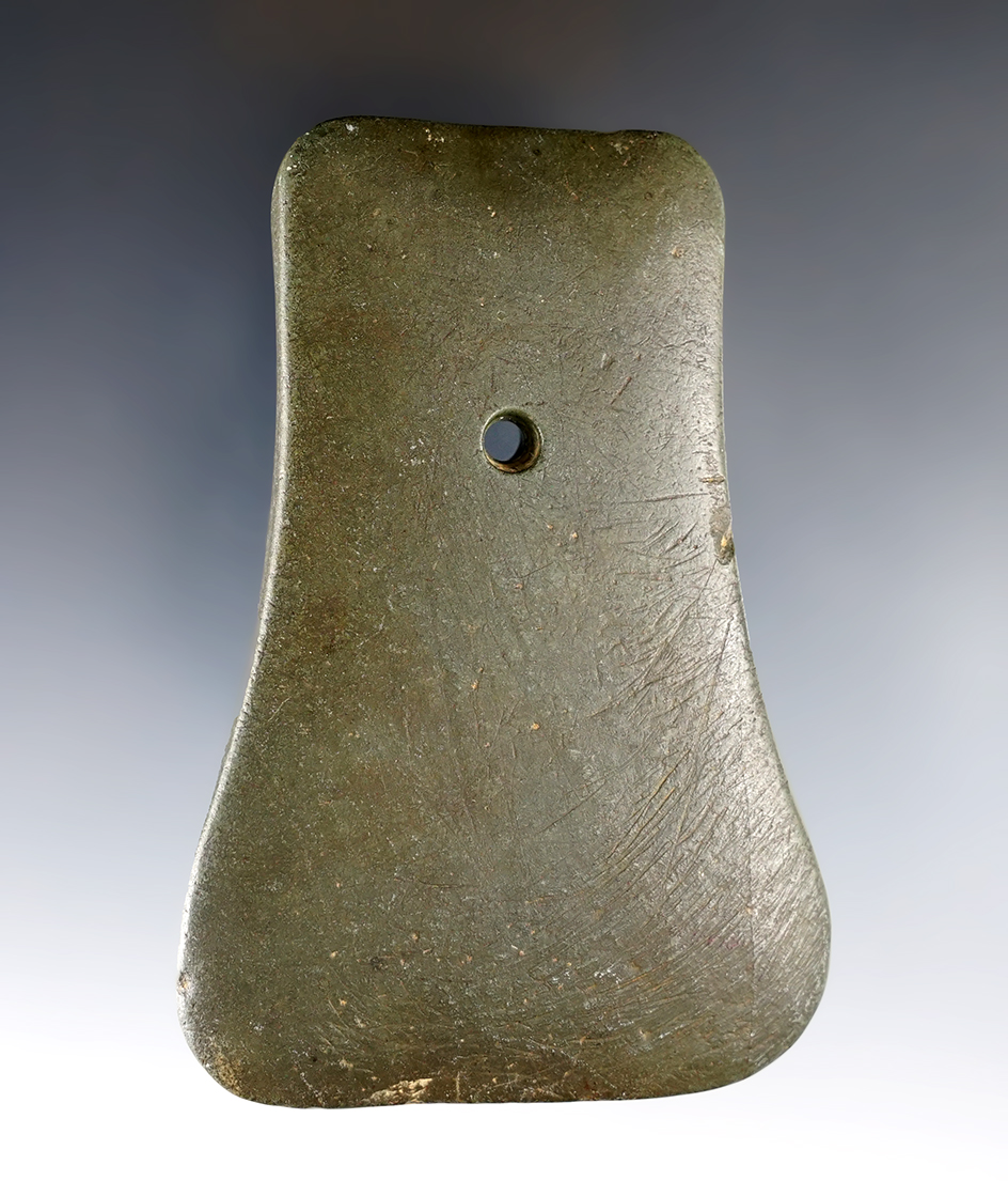 3 13/16" Adena Bell Pendant made from green Slate. Found near Huntington, Huntington Co., Ohio. 