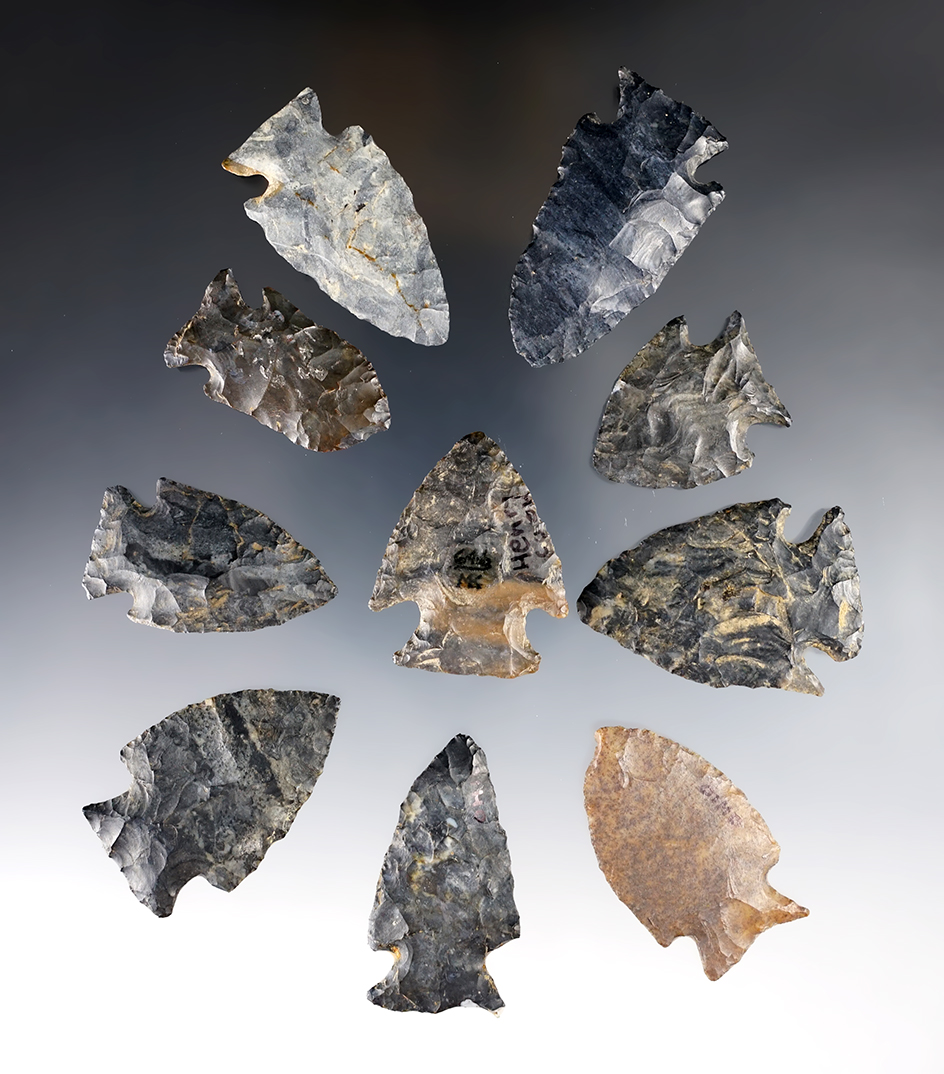 Group of 10 Intrusive Mound Points found in Michigan and Ohio in nice condition. Coshocton Flint. 