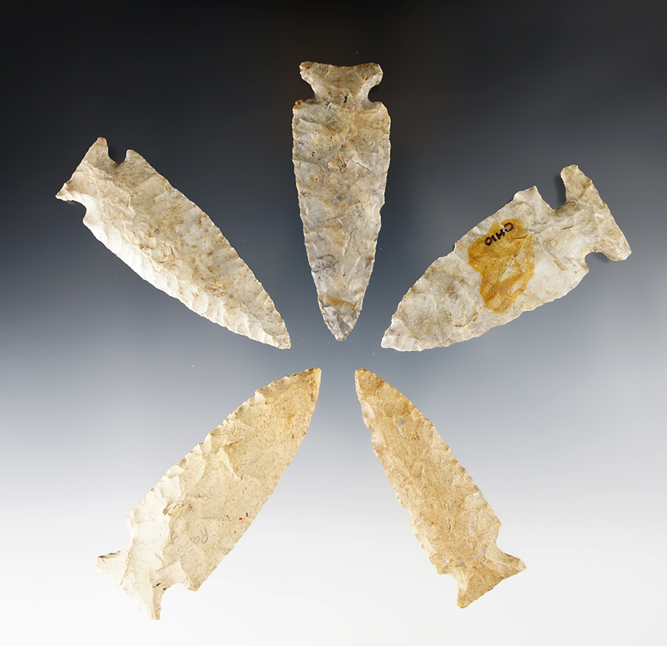 Set of 5 very nicely flaked Cornernotch Points found in Ohio. Largest is 2 7/8". 