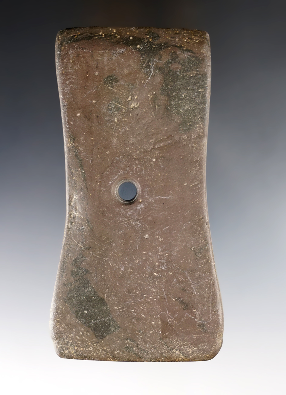 4 7/8" Adena Bell Pendant - red Mottled Slate. Ex. Dr. P.F. Titterington (#475/T), Dr. Warren Moorehead