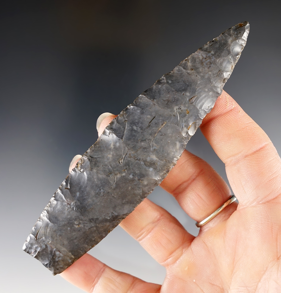 4 7/8" Paleo Lanceolate - Indiana Hornstone. Found in Franklin Co., Ohio. Ex. Max Shipley, Mel Wilkins