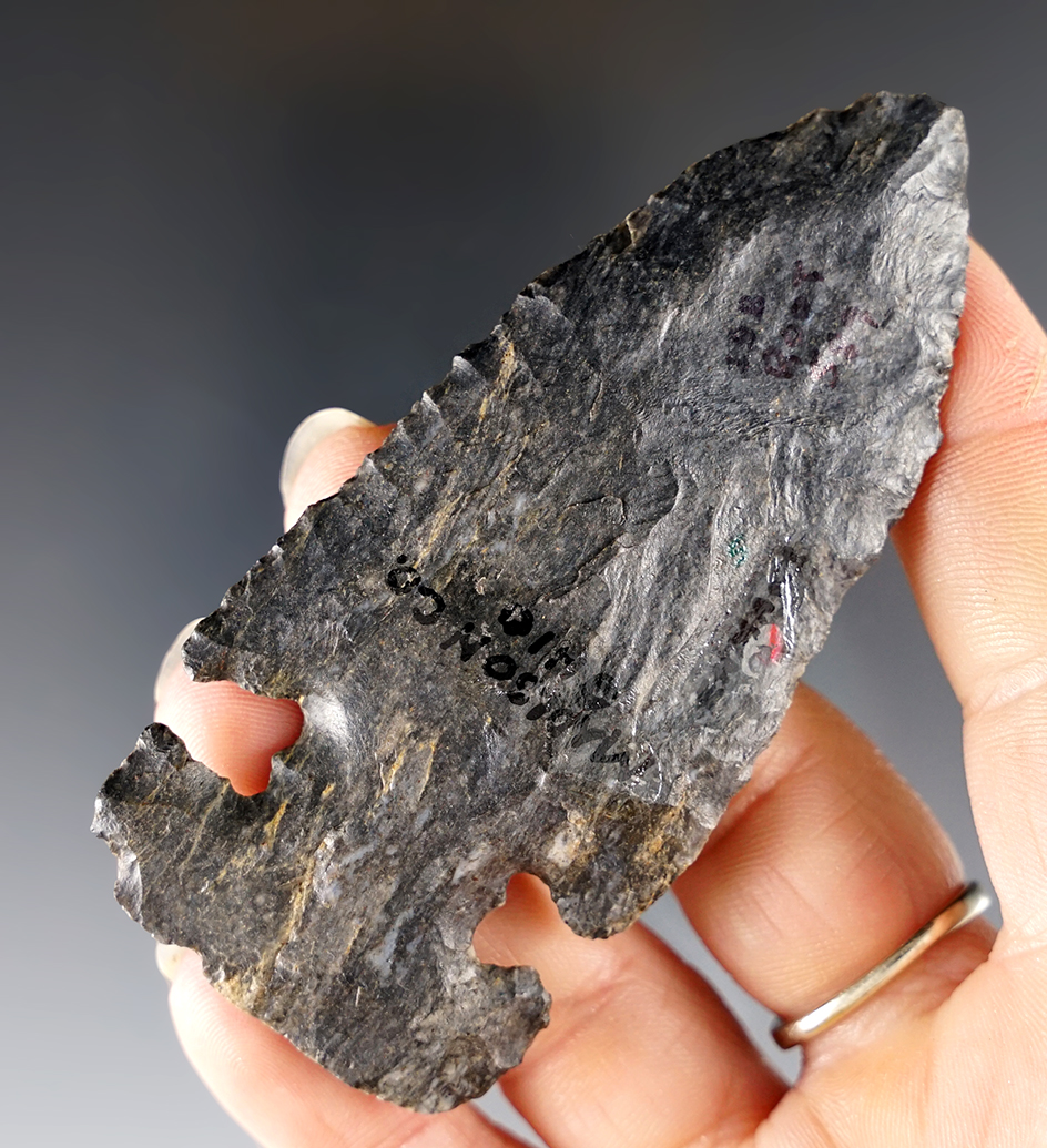 3 3/8" Archaic Thebes E-Notch made from Coshocton Flint.  Madison Co., Ohio. Pictured in "Artifacts"