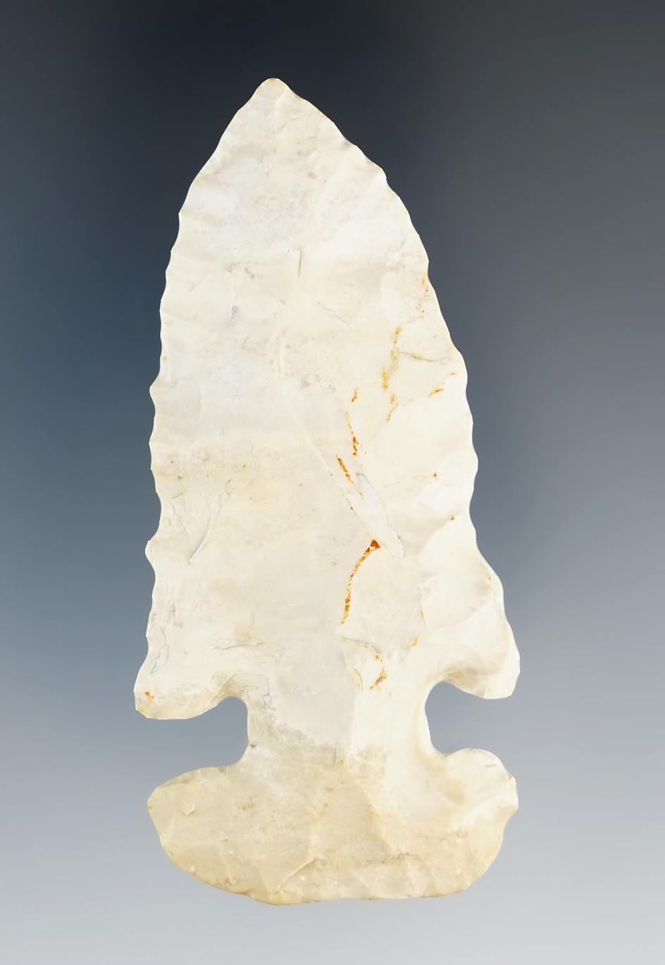 2 15/16" Archaic E-Notch made from cream chert. Found in Hamilton Co., Ohio. Ex. Richard Boche.