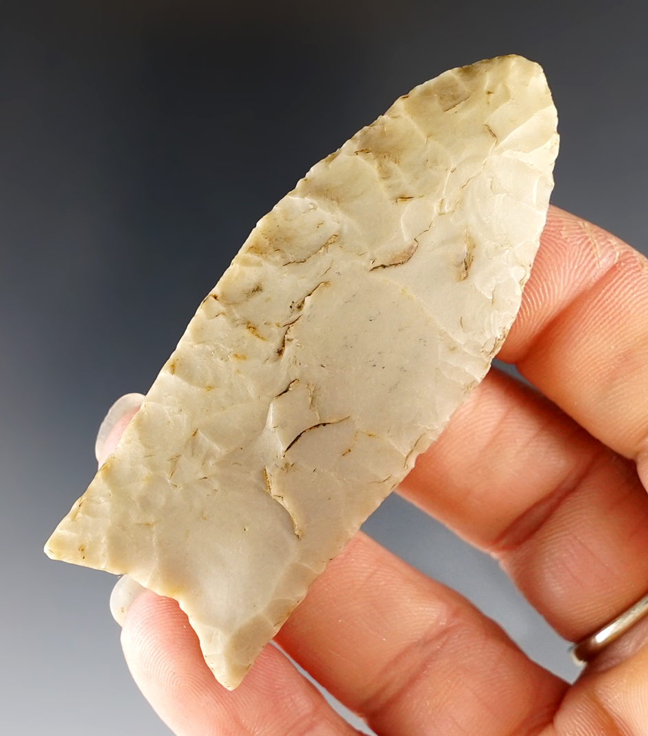 2 3/4" Paleo Fluted Clovis made from cream Flint Ridge Flint. Found in Logan Co., Ohio. 