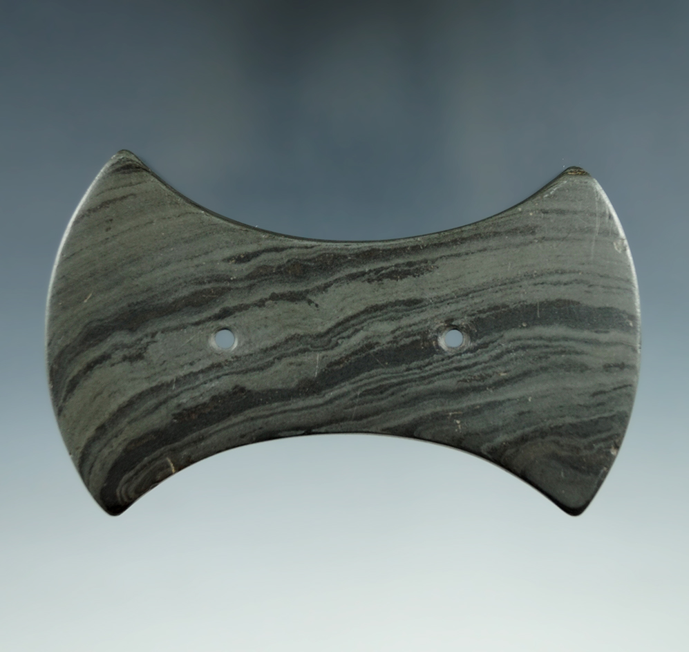 3 5/8" Adena Bi-Concave Gorget pictured in Who's Who #2, & Legends of Prehistoric Art Volume 2.