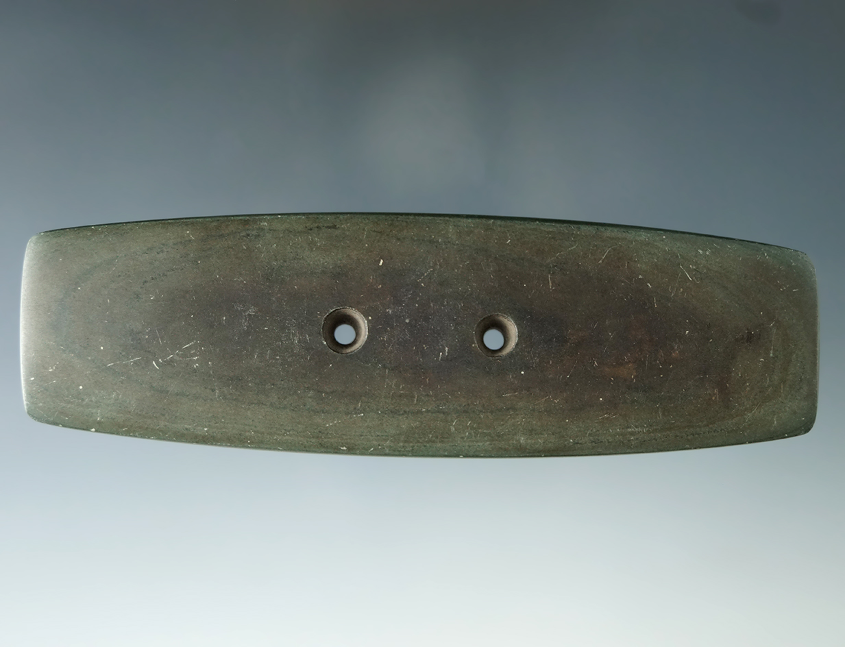 4 11/16" Hopewell Bar Gorget made from green and black Banded Slate, Clermont Co., Ohio.