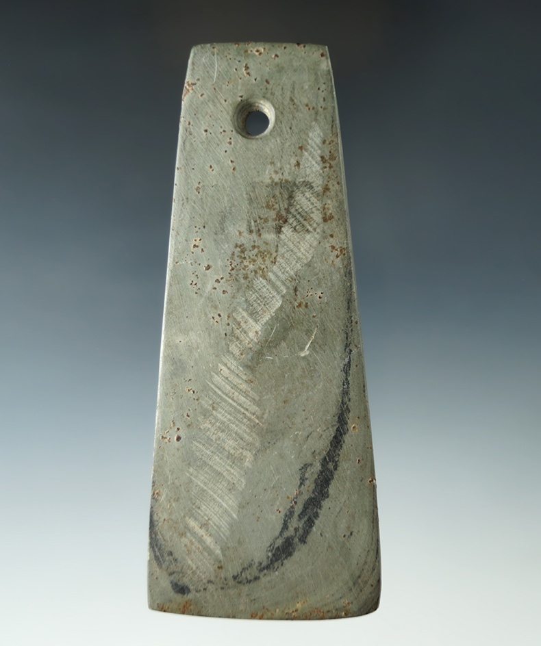 4 9/16" Adena Trapezoidal Pendant found in Ross Co., Ohio. Heavy mineral deposits on surface.