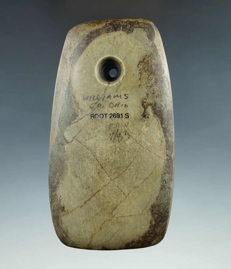 3 15/16" Adena Trapezoidal Pendant made from green and black Mottled Slate, Williams Co., Ohio.