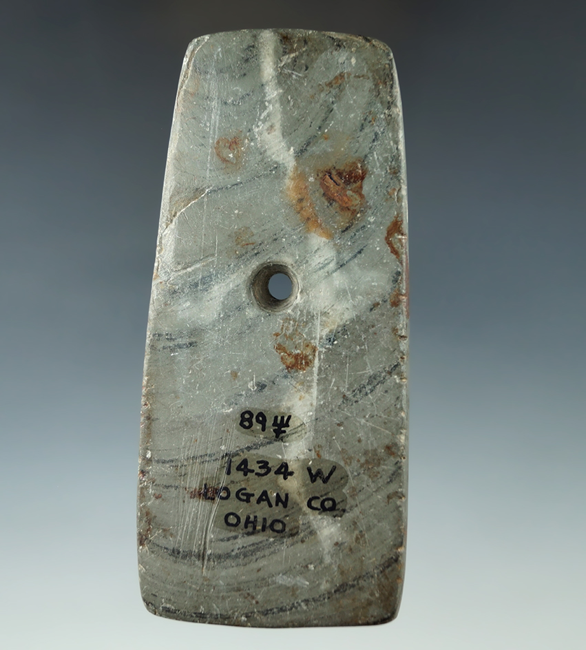 4 1/4" Adena Tallied Trapezoidal Pendant with "worm tracks", found in Logan Co., Ohio. Ex.Wehrle.