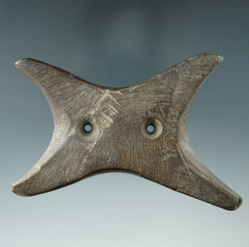 Highly stylized 3 1/2" Hopewell Reel Gorget found near Casstown, Lost Creek Twp., Miami Co., Ohio.