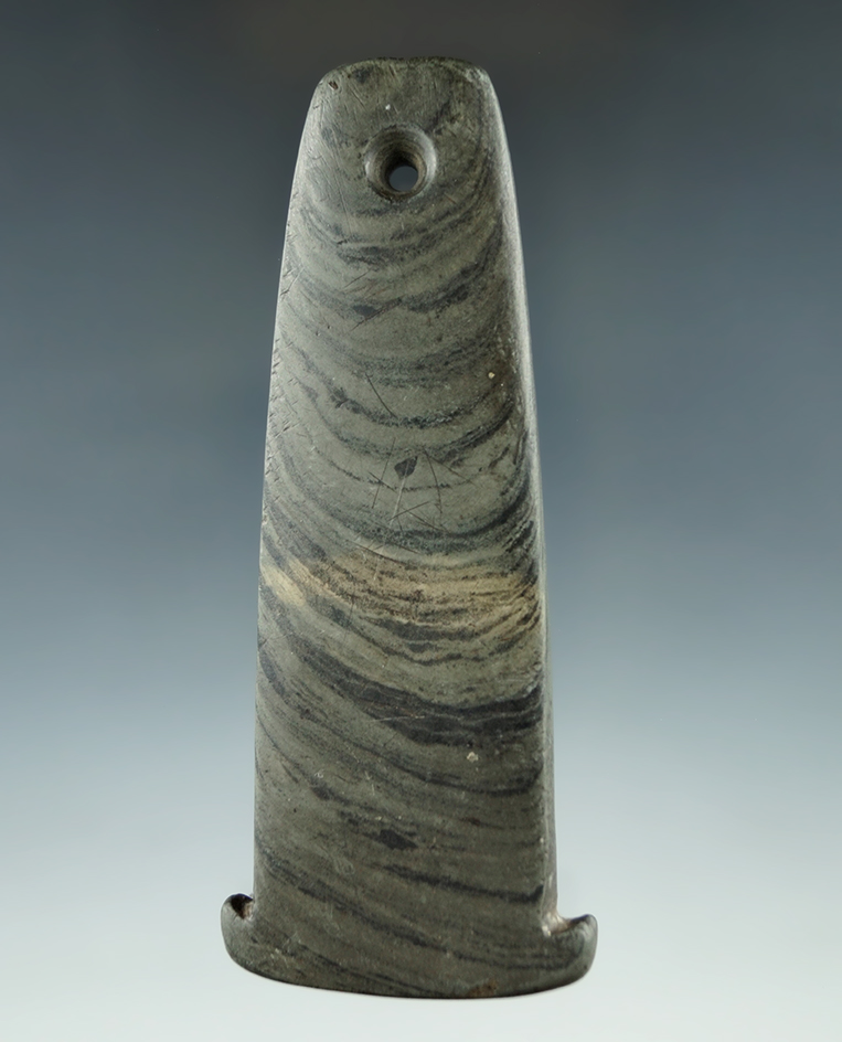 4 3/16" Adena Anchor Pendant made from green and black Banded Slate, found in Ohio. Pictured.