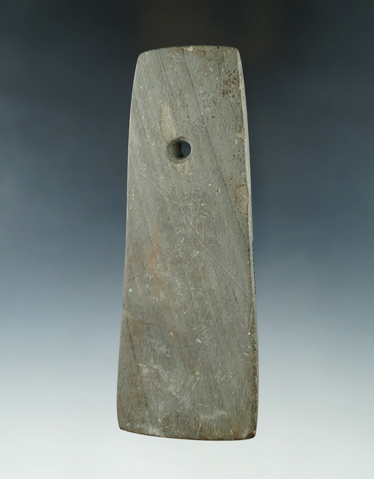 4 13/16" Hopewell Trapezoidal Pendant made from Banded Slate, found in Tuscarawas Co., Ohio.