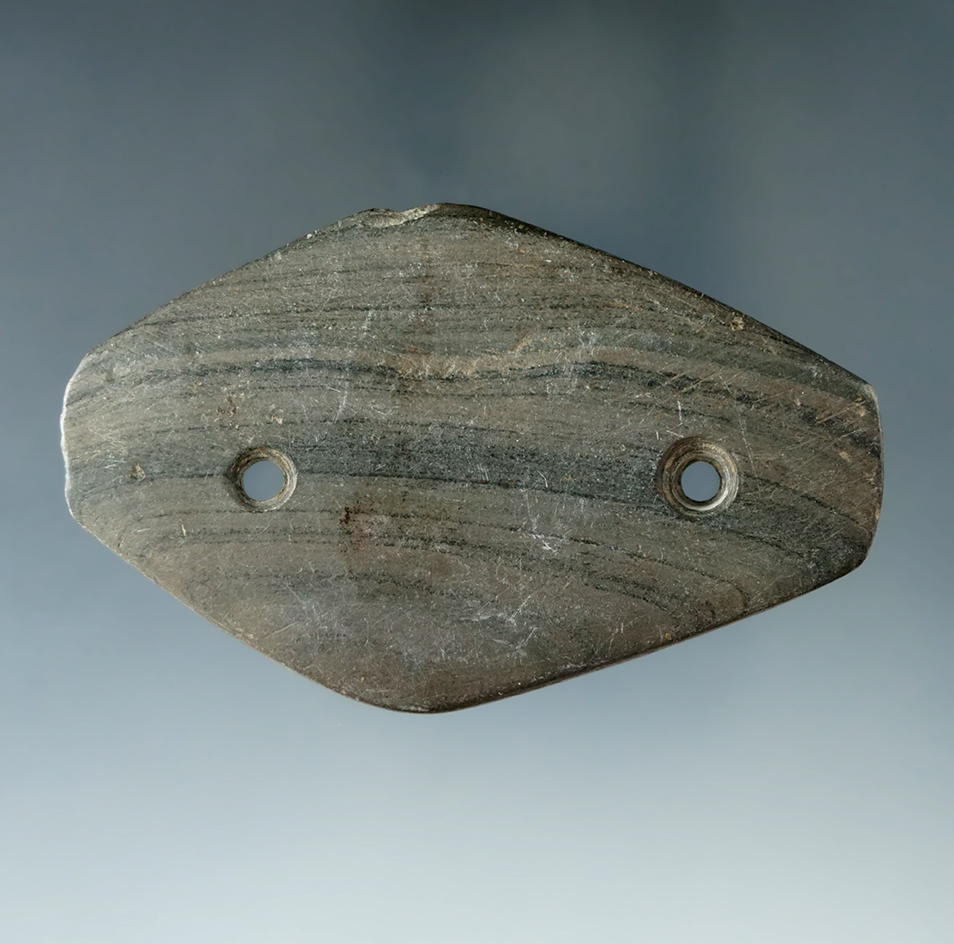 Miniature 2 13/16" Woodland Gorget made from green and black Banded Slate, found in Ohio.