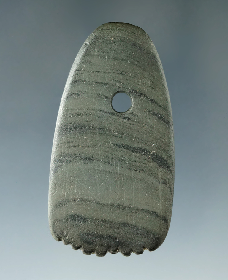 Miniature 2 1/4" Ft. Ancient Fringed Pendant found in Pickaway Co., Ohio. Pictured.  Ex. Dr. Meuser.