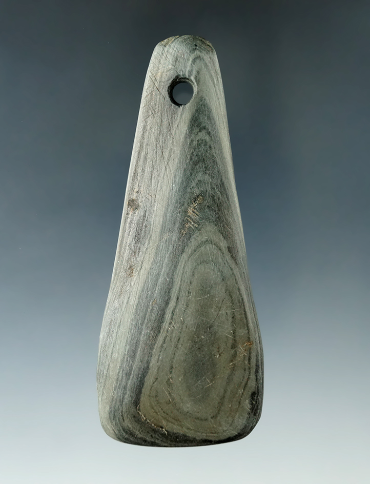 3 5/16" Hopewell Bell Pendant made from green and black Banded Slate, found in Wyandot Co., Ohio.