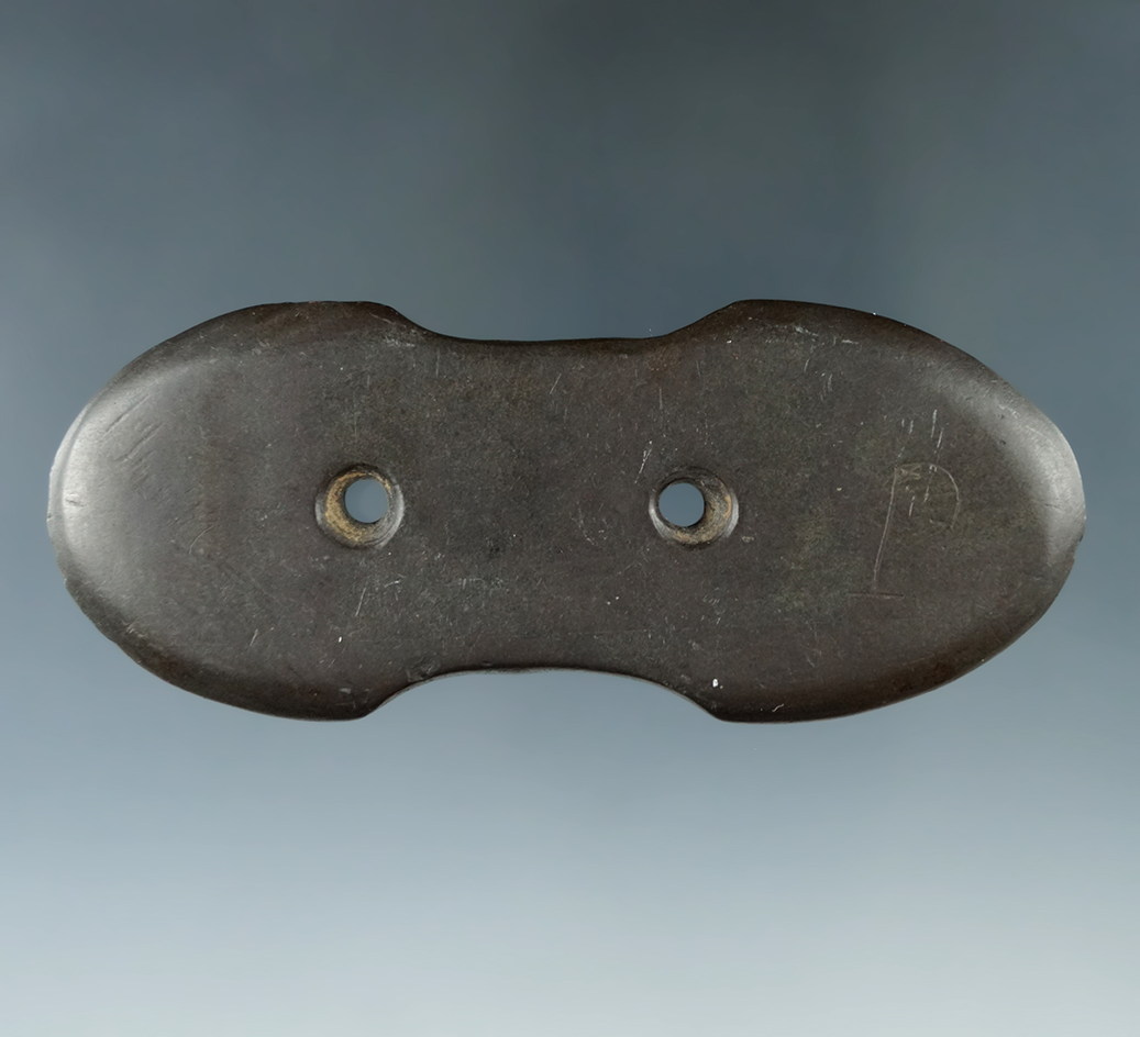 3 9/16" Hopewell Eclectic Indented Gorget made from red Slate, found in Seneca Co., Ohio. Pictured.