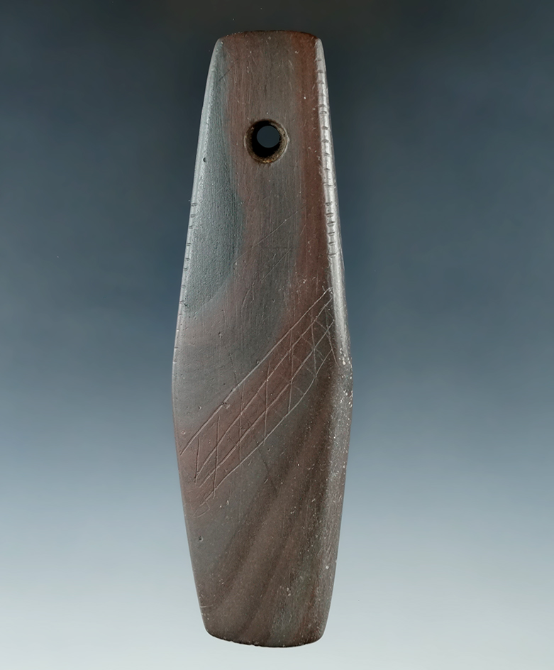 4 1/4" Red, green and black Pendant found in Crawford Co., Ohio with nice engravings on both sides.