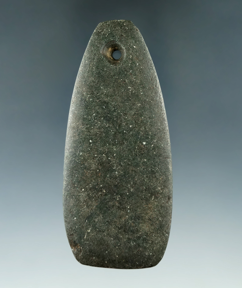 3 5/16" Hopewell Trapezoidal Pendant found in Wayne Co., Ohio. Nice use wear to the perforation.