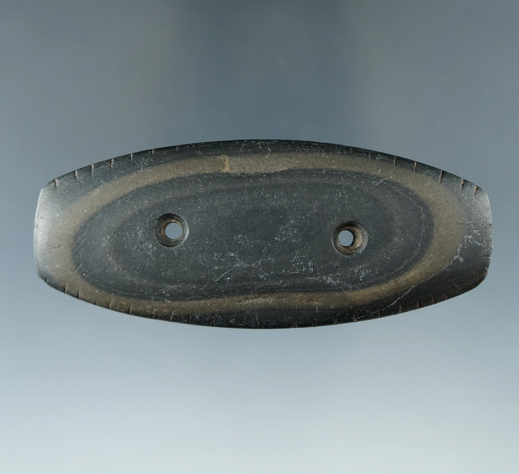 3 1/4" Glacial Kame Tallied Gorget made from black and tan Banded Slate, found in Preble Co., Ohio.