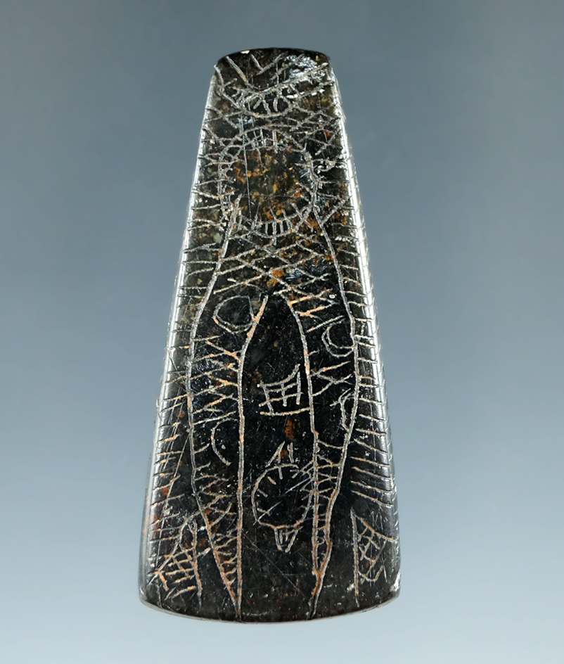 2 1/16" Mississippian Trapezoidal Pendant with extensive effigy engraving, made from black Chlorite.