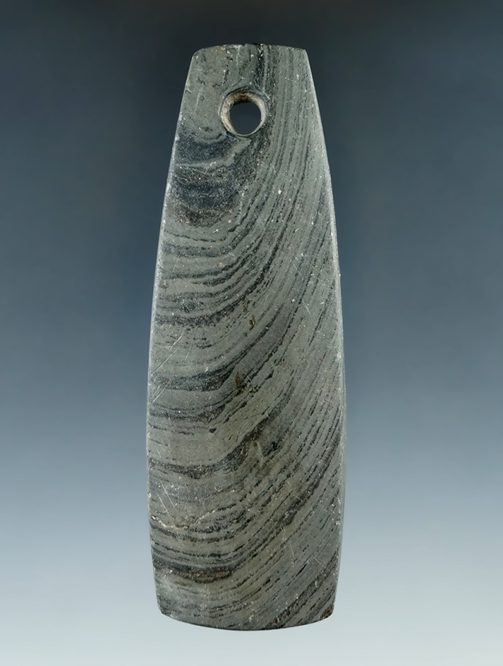3 3/4" Hopewell Trapezoidal Pendant made from green Banded Slate, found in Richland Co., Ohio.