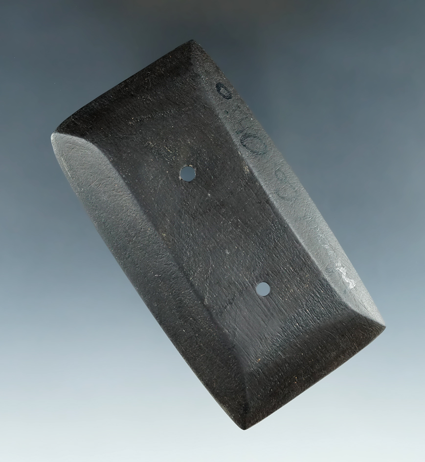 3 9/16" Adena Semi-Keeled Gorget with unique concave top - Wood Co., Ohio. Ex. Lynn Brooks.