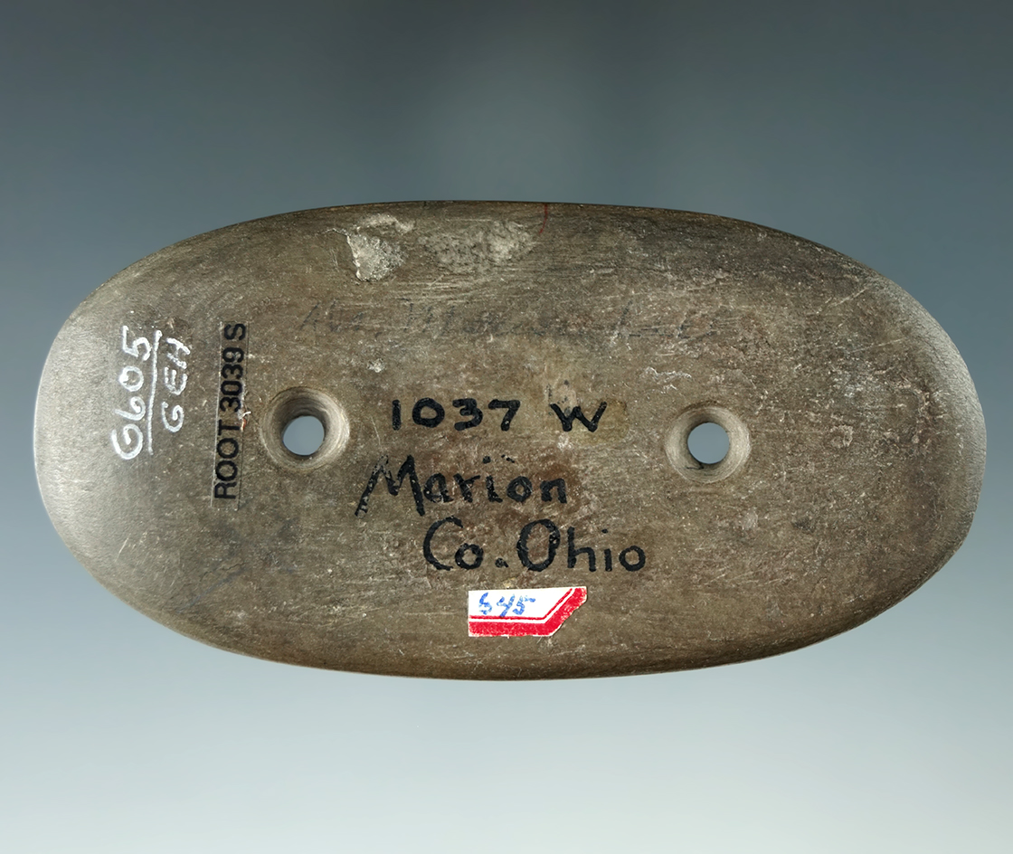 3 9/16" Glacial Kame Oval Gorget - Marion Co., Ohio. Ex. Wehrle (1037w), Heckman.  Davis COA.