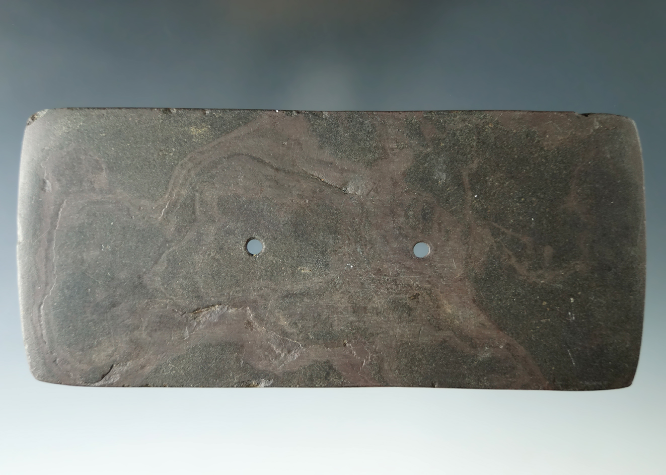 5 1/2" Adena Rectangular Gorget made from red and black Mottled Slate, found in Sandusky Co., Ohio.
