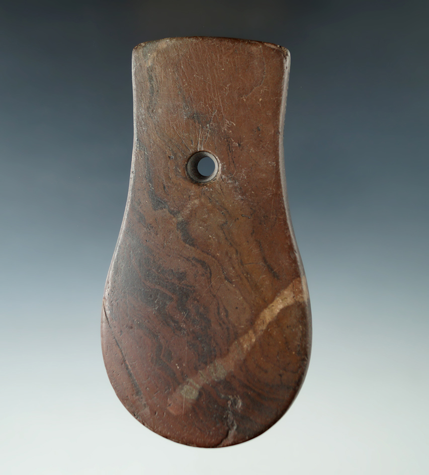 4 5/8" Adena Keyhole Pendant with "worm tracks". Fulton Co., Ohio. Pictured 3 times.