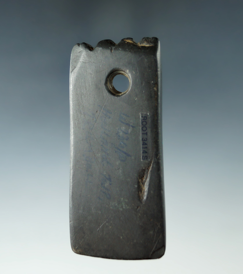 3 5/16" Hopewell Trapezoidal Pendant - deep fringes to the top found in Trumbull Co., Ohio. Pictured